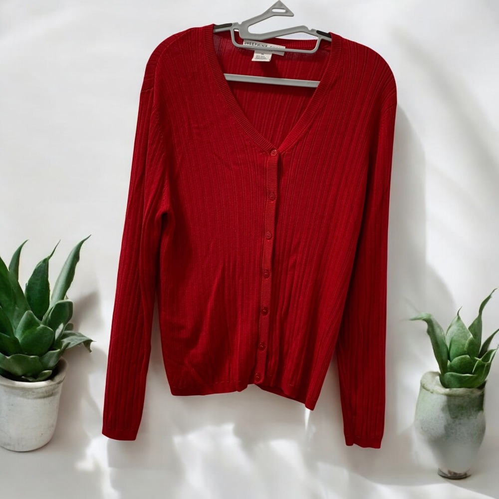 Josephine Chaus Silk‎ Blend Cardigan Ribbed Knit Button Front Red XL